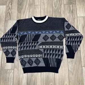 McGregor L Sweater Vtg Acrylic Knit Black/White Geometric Long Sleeve Crewneck